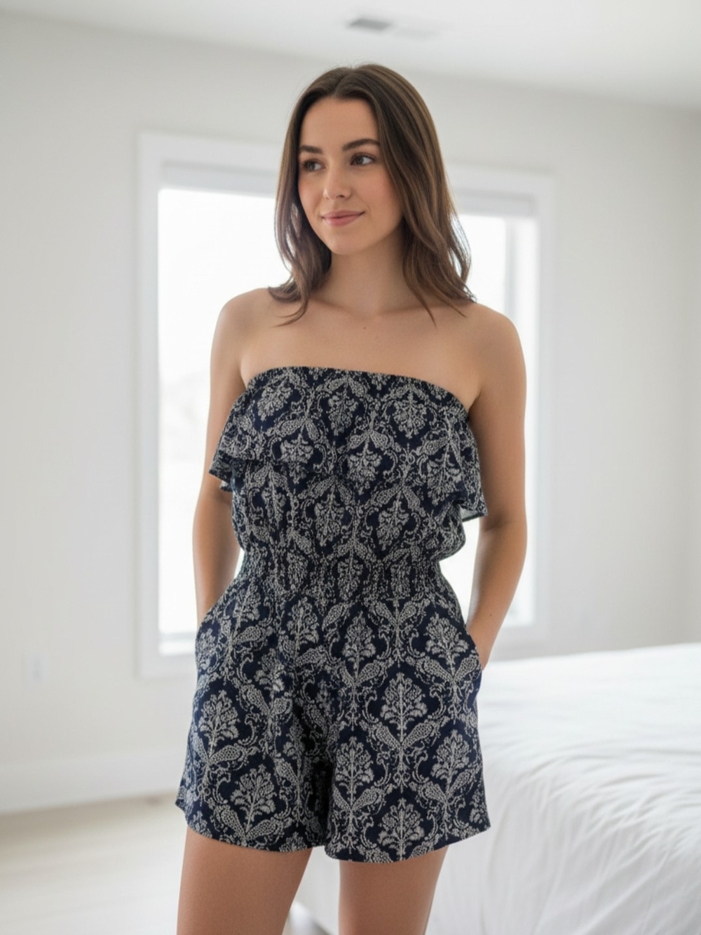 Strapless Navy Floral Print Romper